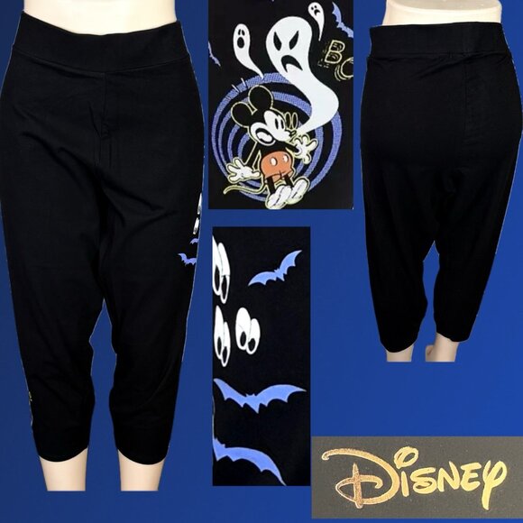 Disney +4 Black Stretch Waist Mickey Bats-Ghost Graphics Cotton Crop Leggings - Picture 1 of 7